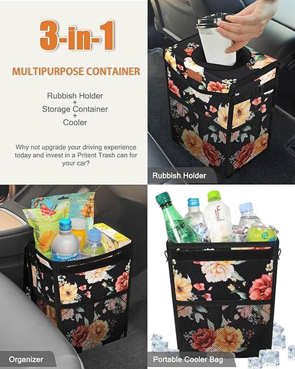 Car Trash Can with Lid, Cute Leakproof Car Trash Garbage Bag Hanging Vehicle Trash Bin Small Portable Automotive Garbage Cans Organizer for Back/Front Seat/Console(Trapezoid,Rose)