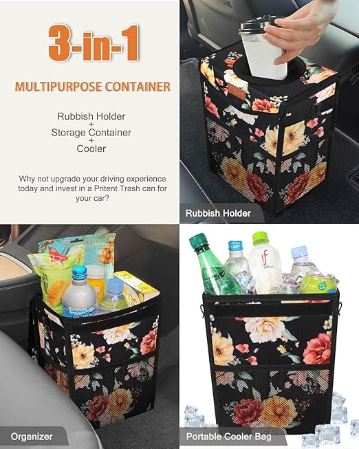 Car Trash Can with Lid, Cute Leakproof Car Trash Garbage Bag Hanging Vehicle Trash Bin Small Portable Automotive Garbage Cans Organizer for Back/Front Seat/Console(Trapezoid,Rose)