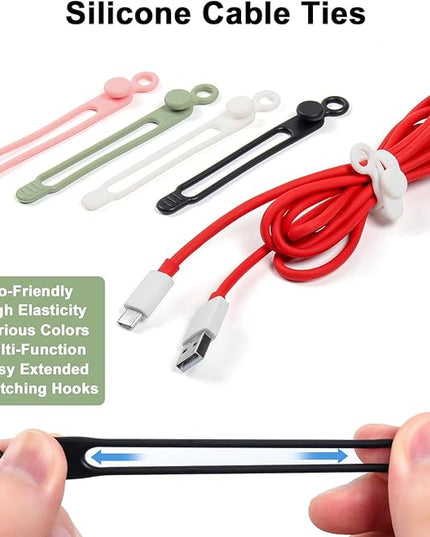 OneLeaf 48Pcs Silicone Cable Ties, Elastic Cord Ties for Cable Organizer, Reusable Wire Management, Cord Organizer Essentials, Multipurpose Cable Management for Travel/Portable/Office/Home Desk