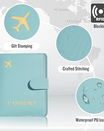 Passport Holder with Airtag Slot Cards Cash Air Ticket Pocket, Travle Gifts for Women Men RFID Blocking Wallet, Passport Book Cover Case Light Cyan
