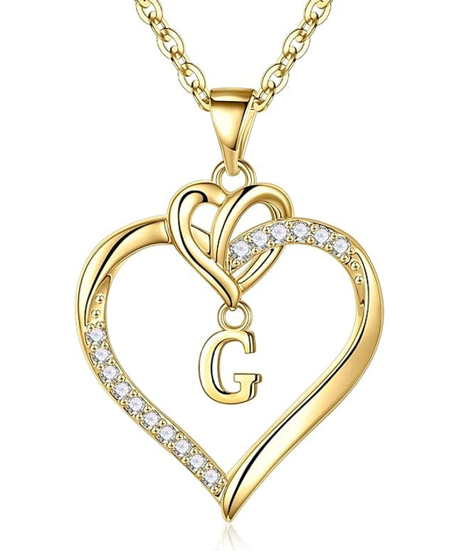 STORUP Christmas Gifts for Women Teen Girls - Heart Initial Necklaces for Women Girls, 14K-Gold-Plated Cubic Zirconia Initial A-Z Pendant Dainty Heart Necklaces for Teen Girl Jewelry Birthday Gifts