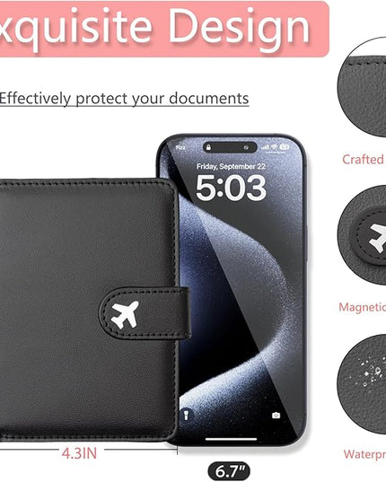 Passport Holder, Travel Wallet Cover with Pen Loop | Cute RFID Blocking Leather Case with Magnetic Closure for Travel Essentials-Black