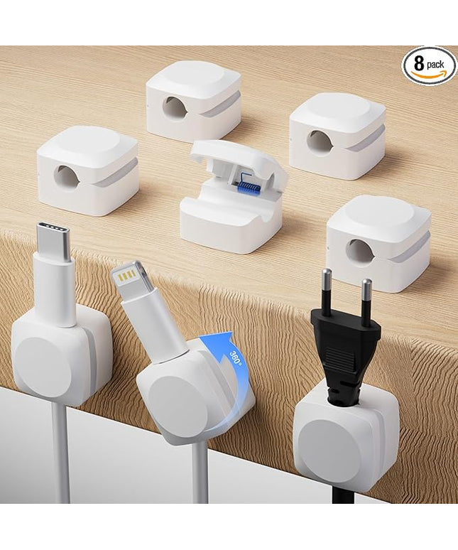 Rotatable Cord Organizer, Enhanced Spring Cable Clips, Strong Adhesive Cable Management, Desk Cord Holder for Nightstand, Office Accessories and Car (8*White)