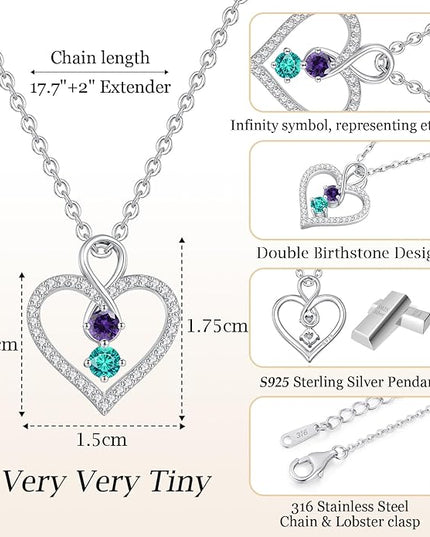 LOUISA SECRET Infinity Double Birthstone Necklace, 925 Sterling Silver Tiny Pendant Heart Necklace for Women Wife Her, Best Jewelry Gift Heart Jewelry Meaningful Gift for Valentine's Day, Christmas, Birthday Anniversary