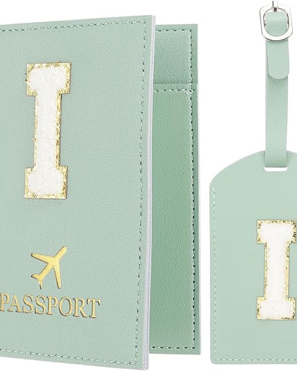 PATIKIL Passport Holder for Travel, Initial Passport Cover and Luggage Tag Set with Alphabet Chenille Letter Patch Travel Wallet Bag Suitcase Identifier for Women Family Travel Green I