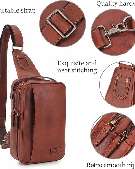 Genuine Leather Sling Bag for Men and Women Chest Bag Purse Crossbody Shoulder Bags Backpack Hiking Backpack Daypack (Brown)