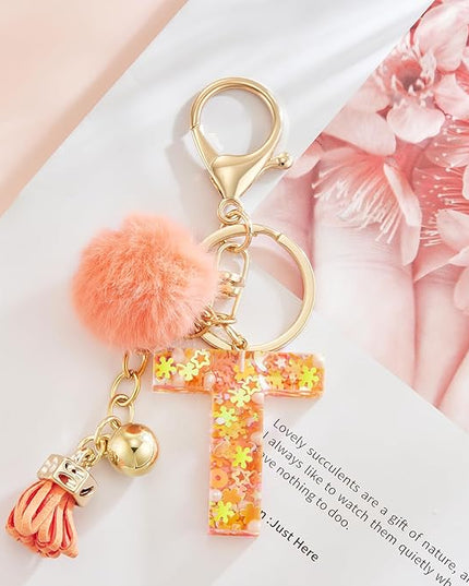 Resin Alphabet Initial Letter Keychain Keyring for Women Purse Handbags With Fur Ball Pom