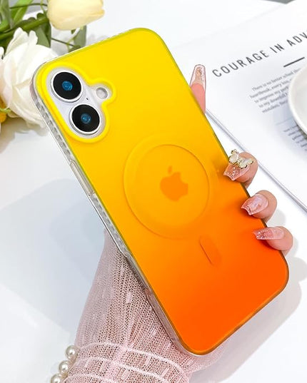 Aesthetic Case for iPhone 16 Case for Women Girls, Compatible with Magsafe, Cute Girly Trendy Glitter Sparkly Rainbow Magnetic Protective Phone Cover, Matte Iridescent Yellow & Orange