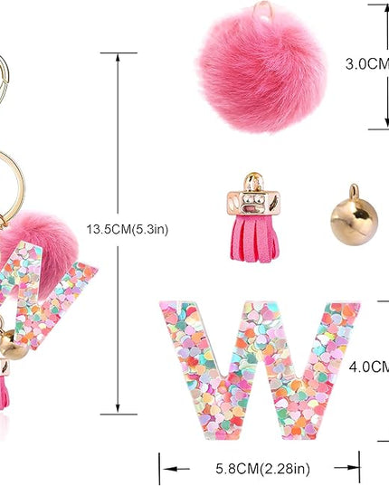 Resin Alphabet Initial Letter Keychain Keyring for Women Purse Handbags With Fur Ball Pom