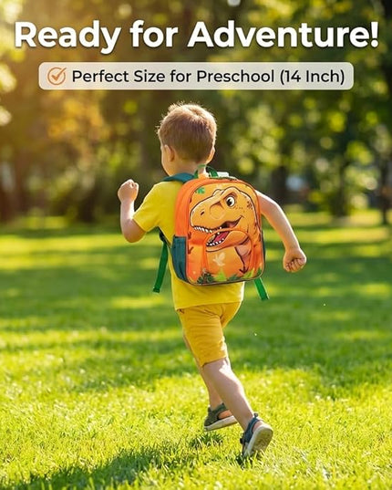 Kids Backpack for Boys and Girls, Kindergarten School Bag with Chest Strap (Orange T-Rex, 14 Inch)