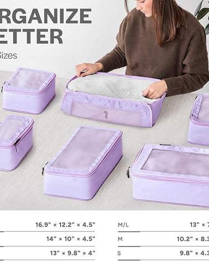 Aerotrunk Compression Packing Cubes for Travel - Luggage Organizer Bags - Double Zipper Packing Cubes for Suitcases (6-Pack, Purple)