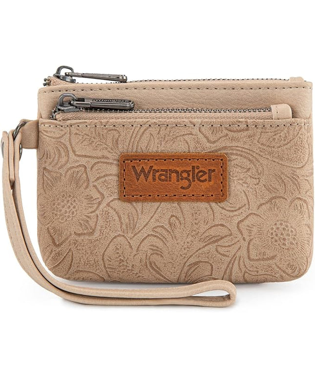 Montana West Wrangler Coin Purse for Women RFID-blocking Floral Embossed Change Pouch Wristlet Wallet Lightweight Portable Wallets Tan