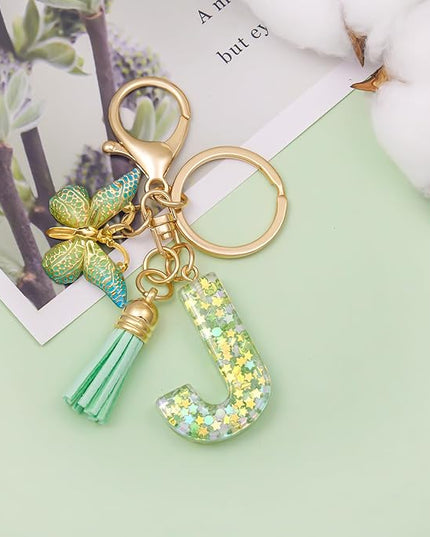 Fashion Alphabet Initial Letter Keychain Tassel Butterfly Pendant Key Ring for Purse Handbags Women Girl