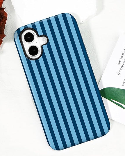 Magnetic for iPhone 16 Case Cute Stripes Phone Case, Shockproof Slim TPU and Hard PC Protective Phone Cover Compatible with MagSafe Designed for Women Girls, Lake Blue