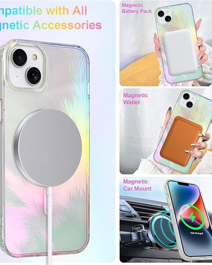 Glitter Case for iPhone 14 & 13 Case for Women Girls [ Compatible with Magsafe ] Clear Cute Aesthetic Girly Iridescent Feather Sparkly Bling Magnetic Phone Cover, Blue & Pink
