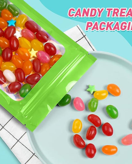 Funfery 300 Pack Smell Proof Resealable Bags for Food Storage,Holographic Bags 4x6 Green Mylar Clear Packaging Bag- Scent Proof for Cookies, Zip Foil Pouch for Small Business