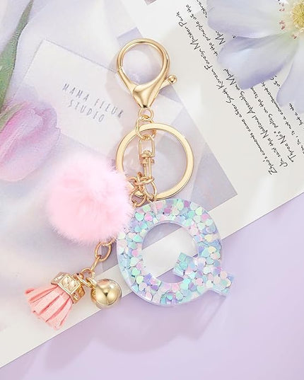 Resin Alphabet Initial Letter Keychain Keyring for Women Purse Handbags With Fur Ball Pom