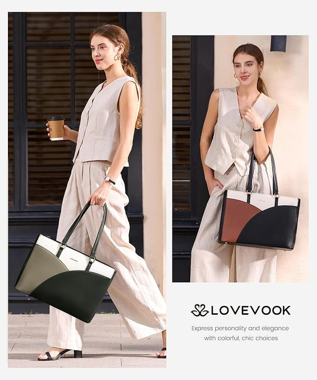 LOVEVOOK Laptop Bag for Women,16 Inch Work Teacher Bags Leather Tote Bag Briefcase Waterproof Computer Bag for Women，White and Green
