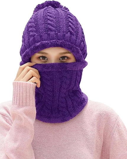 HUAMULAN Women Winter Beanie Hats One Piece Fleece Lined Knit Balaclavas Mask Set Skull Neck Circle Scarf Ski Snow Hat Pompom
