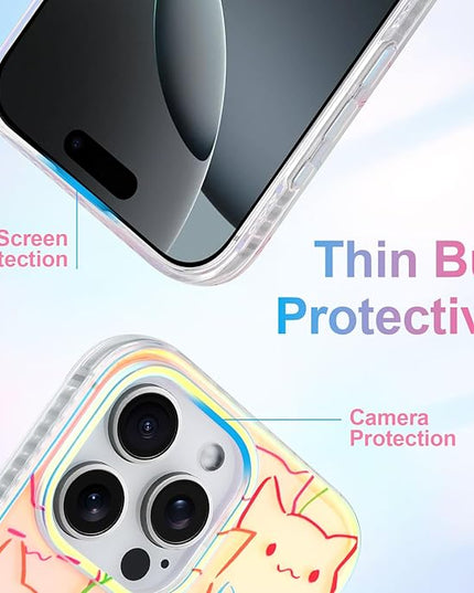 Cute Case for iPhone 16 Pro Case for Women Girls Boys [ Compatible with Magsafe ] Iridescent and Black Cats Cat Pattern Design, Kawaii Colorful Animal Soft Bumper Protective Phone Cover