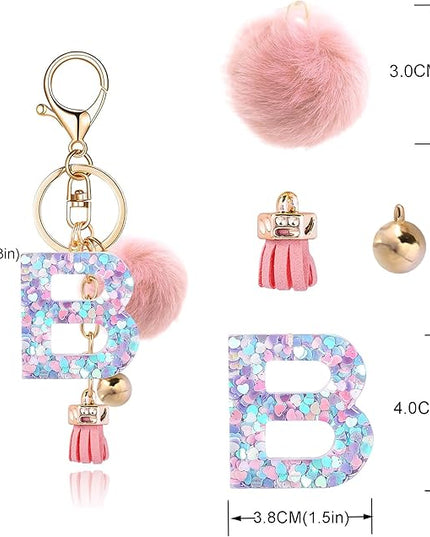 Resin Alphabet Initial Letter Keychain Keyring for Women Purse Handbags With Fur Ball Pom