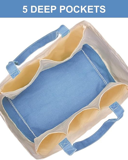 Reusable Grocery Bags Heavy Duty, 8.3 gal Foldable Large Canvas Tote Bag with Handles, Holds 60 lbs Canvas Shopping Bags, 3 Pack（Off White+Light Blue）