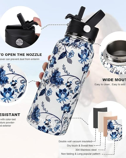 Water Bottle Insulated 32oz 40oz 64oz 128oz Straw Lid Spout Lid & 3 Lids, Leak Proof, Vacuum Insulated,Stainless Steel Water Bottle Wide Mouth for Sports, Gym or Office