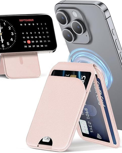 Mag-Safe Wallet for Women Strongest Magnetic Lightweight Phone Wallet Stand Adjustable Leather Card Holder for iPhone 17/16/15/14/13/12 Series, Not for iPhone 13/12 Mini (Pink)