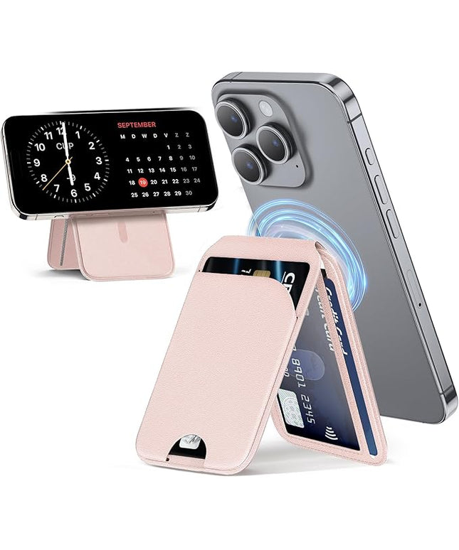 Mag-Safe Wallet for Women Strongest Magnetic Lightweight Phone Wallet Stand Adjustable Leather Card Holder for iPhone 17/16/15/14/13/12 Series, Not for iPhone 13/12 Mini (Pink)