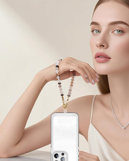 Natural Stone Beaded Phone Wrist Strap for Women – Detachable Chain Wristlet, Durable 304 Stainless Steel Core (Charoite)