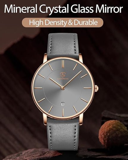 L LAVAREDO Watch for Men, Extremely Thin Mens Watches Minimalist Analog Men's Leather Wrist Watches with Time/Date, Birthday Gift for Men Boyfriend