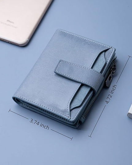 Bveyzi Women's Small Leather RFID Blocking Bifold Zipper Pocket Wallet Ladies Credit Card Slots Purse with id Window