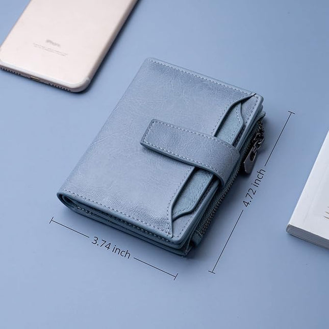 Bveyzi Women's Small Leather RFID Blocking Bifold Zipper Pocket Wallet Ladies Credit Card Slots Purse with id Window