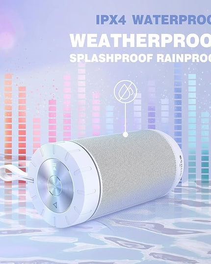 comiso X26 Bluetooth Speaker, IPX4 Waterproof Speakers 360° HD Surround Sound with Punchy Bass, Wireless Dual Pairing, 24H Playtime, Portable Speaker for Shower, Home, Outdoor, Camping, Beach-White