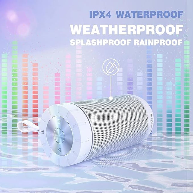 comiso X26 Bluetooth Speaker, IPX4 Waterproof Speakers 360° HD Surround Sound with Punchy Bass, Wireless Dual Pairing, 24H Playtime, Portable Speaker for Shower, Home, Outdoor, Camping, Beach-White
