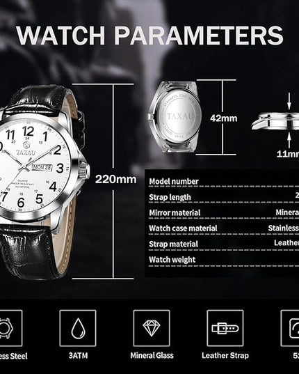 Men's Watches Leather Band Stainless Steel Quartz Analog Watch Luxury Waterproof Watches for Men Dress Men's Wrist Watch with Day Date Arabic Numeral Relojes para Hombre