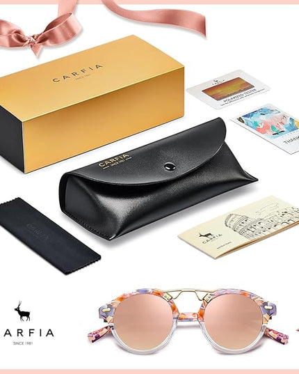 CARFIA Small Face Acetate Polarized Sunglasses for Women UV Protection, Retro Double Bridge Eyewears Metal Brow Round Sunnies