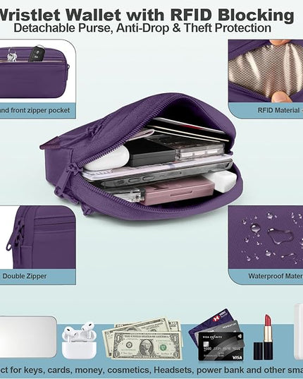 Clip and Go Strap for Phone with Wallet Crossbody, Adjustable Phone Lanyard with Detachable RFID Wristlet Wallet, Pattern Strap - Dark Purple (L)