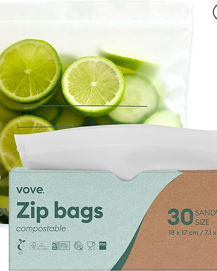Vove Compostable Sandwich Bags 30 Ct – PFAS-Free, BPI Certified, Freezer Safe with Airtight Seal for Lunches & Meal Prep, Plant-Based