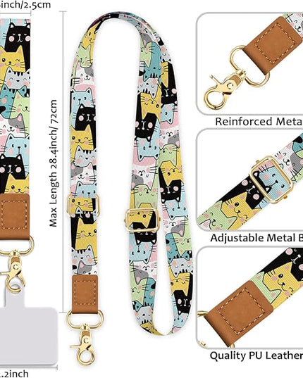 Phone Lanyard Crossbody Strap, Cute Cat Cell Phone Lanyards for around the Neck Wristlet Wrist Strap Adjustable for Keys Case ID Badges Accessories Travel Essentials