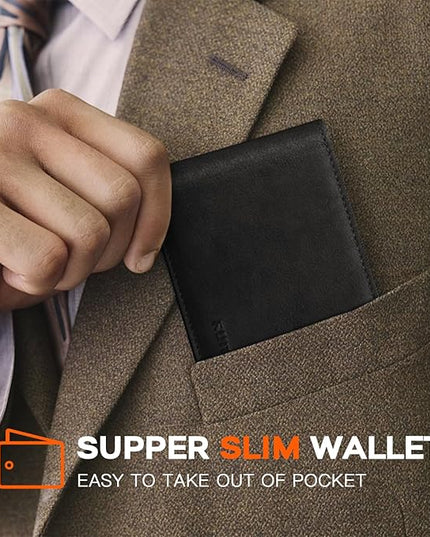 RUNBOX Wallet for Men Slim Leather Bifold RFID Blocking Minimalist Front Pocket Design with Gift Box