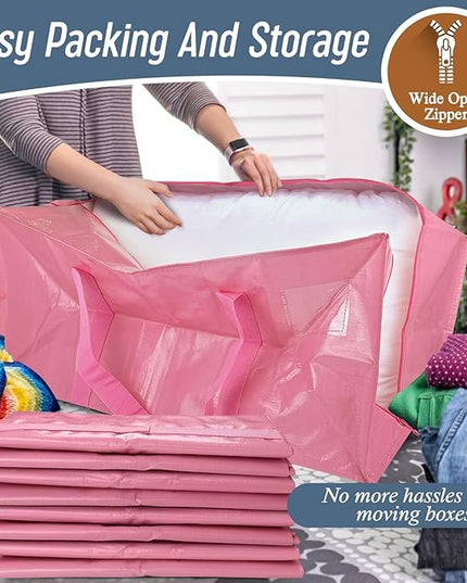 6 Pack Extra Heavy Duty Large Moving Bags with Strong Zipper & Comfortable Handles, Sturdy & Durable Clothes Storage Bags Totes Bins, Packing Moving Boxes for College Supplies, Pink
