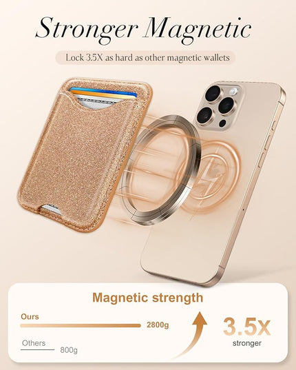 Shorogyt Compatible with Magsafe Wallet Magnetic Card Holder - Glitter Gold Phone Wallets for Women Teen Girls Fashion for iPhone 17/16/15/14/13/12 Series Slim for Apple Mag RFID Magnet, Fit 3 Cards