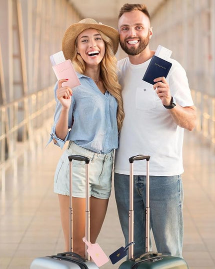 Weewooday 2 Set Mr and Mrs Passport Covers Holder and Luggage Tags Cute Leather Wallets Holder Travel Luggage Tags for Women Men Gift(Pink, Blue)