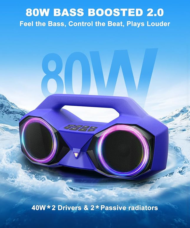 OZJ Bluetooth Speaker 80W(Peak) Loud with Bass, 20H Playtime, IPX7 Waterproof, RGB Lights, TWS, Large Portable Wireless Speakers for Outdoor, Home, Party, Pool, Beach, Tailgating, Gym, Work (Purple)