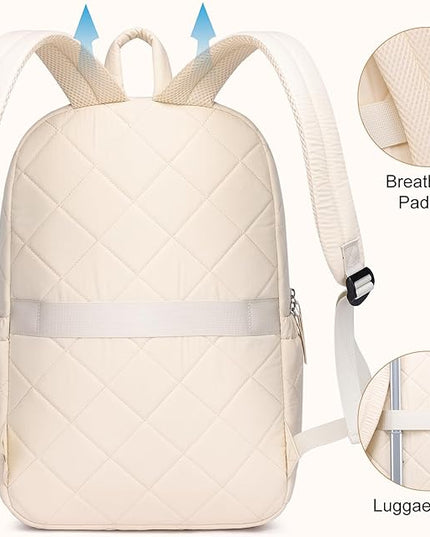 College Laptop Backpack for Women, School Backpack for Girls, Quilted Casual Daypack, Water-Resistant Bookbag for 15.6 Inch Laptop, Beige