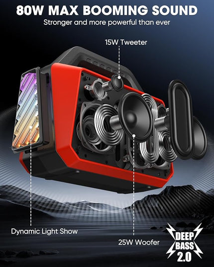 Portable Bluetooth Speakers - Wireless Speaker 80W Peak, Loud Speaker with Light, Strong Bass, BT 5.3, TWS, IPX6 Waterproof, 20H Playtime for Home Party Outdoor Beach Camping - Red