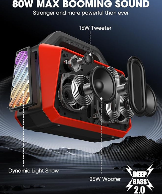 Portable Bluetooth Speakers - Wireless Speaker 80W Peak, Loud Speaker with Light, Strong Bass, BT 5.3, TWS, IPX6 Waterproof, 20H Playtime for Home Party Outdoor Beach Camping - Red