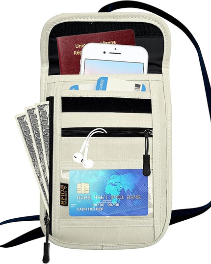 RFID Blocking Travel Neck Wallet Pouch and Passport Holder, Travel Neck Pouch Passport Holder for Women & Men - Beige