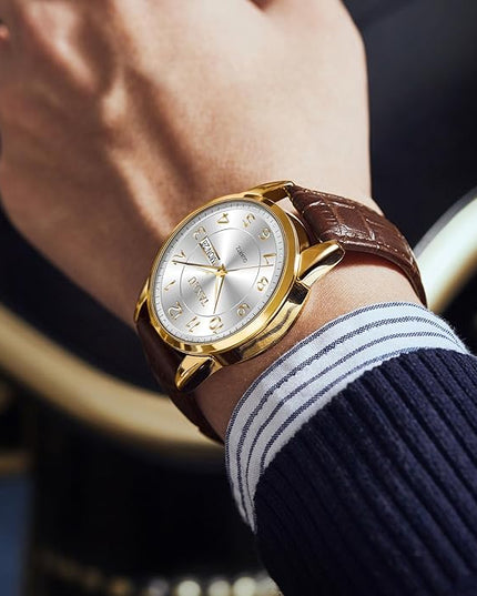 Mens Leather Watch Large Face Classic Quartz Mens Analog Watches Luxury Dress Watches for Men Waterproof Men's Wrist Watch Easy Read with Date Number Dial Relojes para Hombre